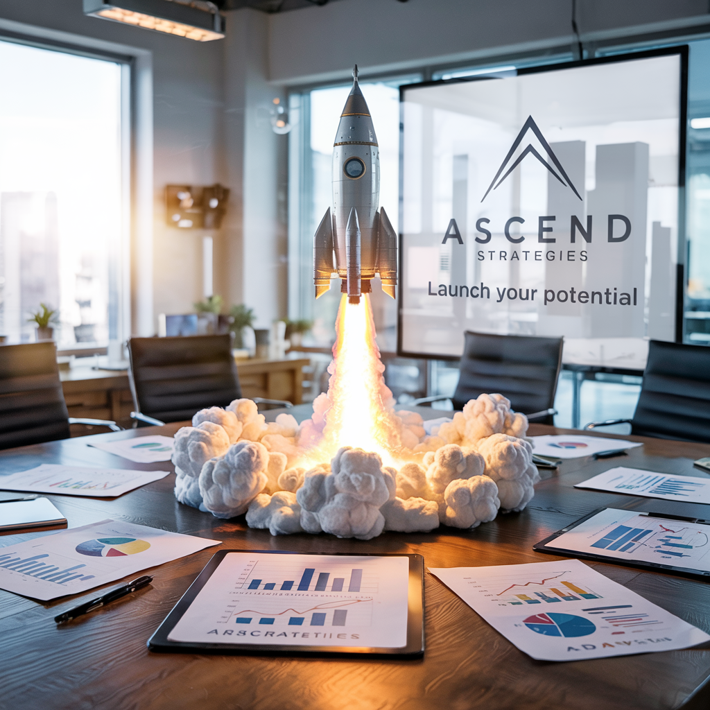 Rocket launch on a conference table representing product launch