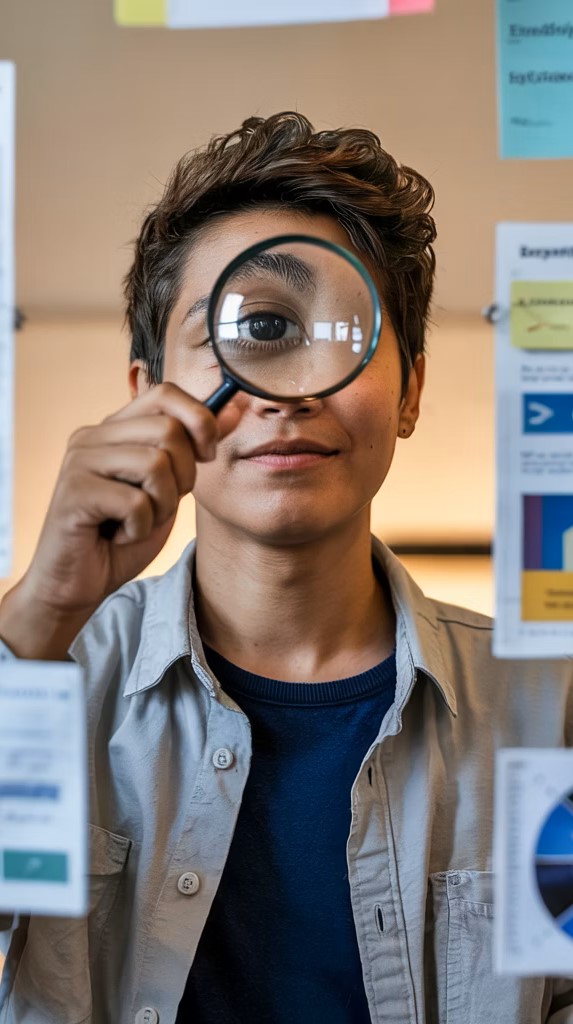 Person looking through magnifying glass